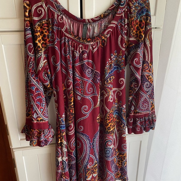 Voll Style Dresses & Skirts - Voll Style Long Sleeve Boho Dress/Tunic Burgundy and Multicolor